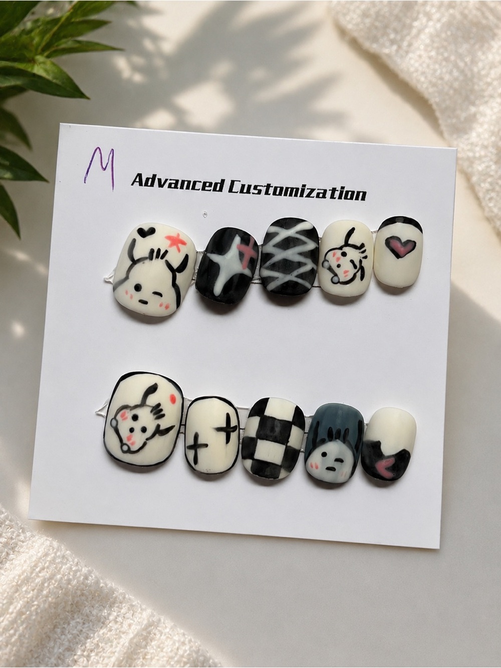 Custom Black & White Cartoon Press-On Nail Set size medium